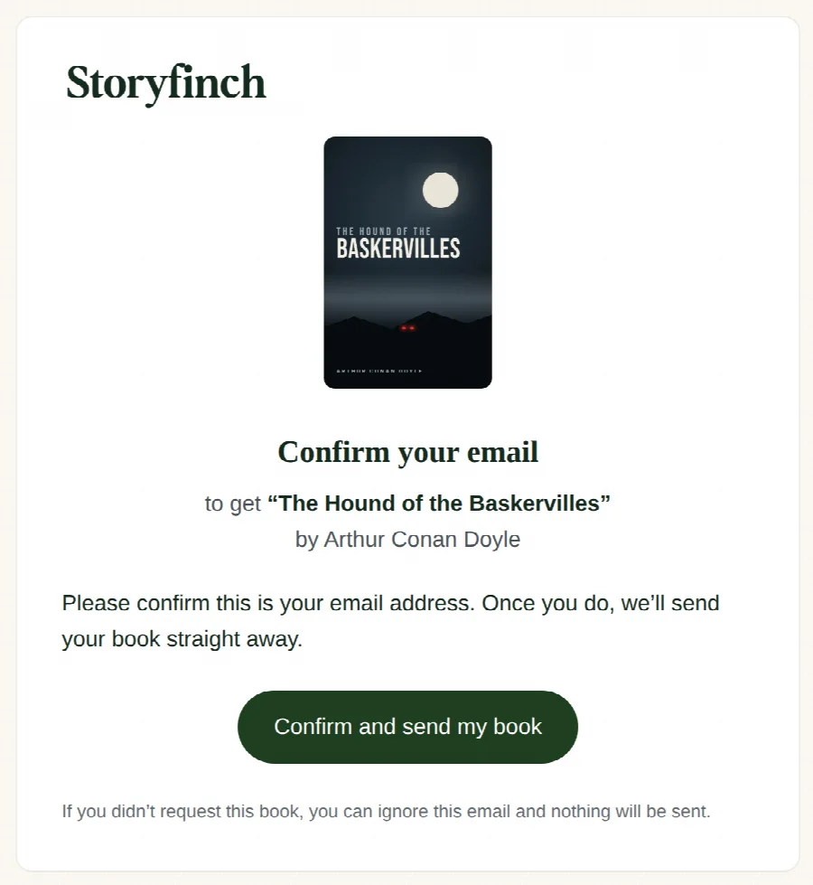 A confirmation email asking the reader to confirm their address, with a Confirm and send my book button.