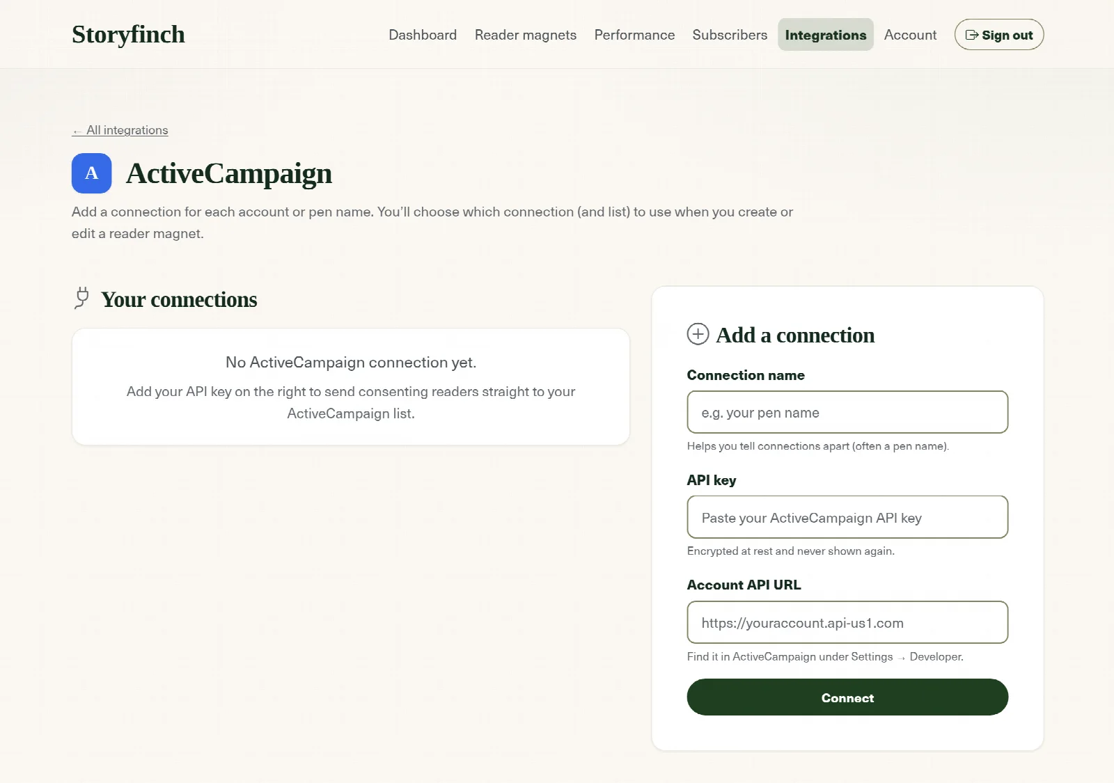 The ActiveCampaign connection screen in Storyfinch, with fields for a connection name, an API key and an account API URL, and a Connect button.