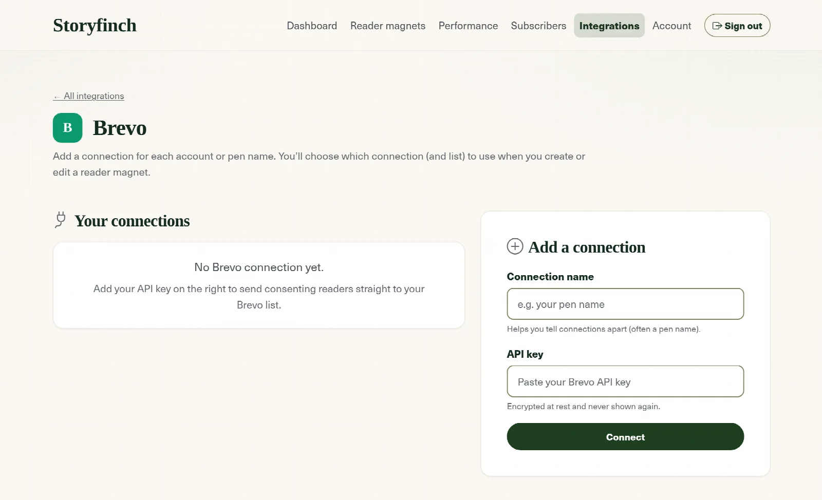 The Brevo connection screen in Storyfinch, with fields for a connection name and an API key, and a Connect button.
