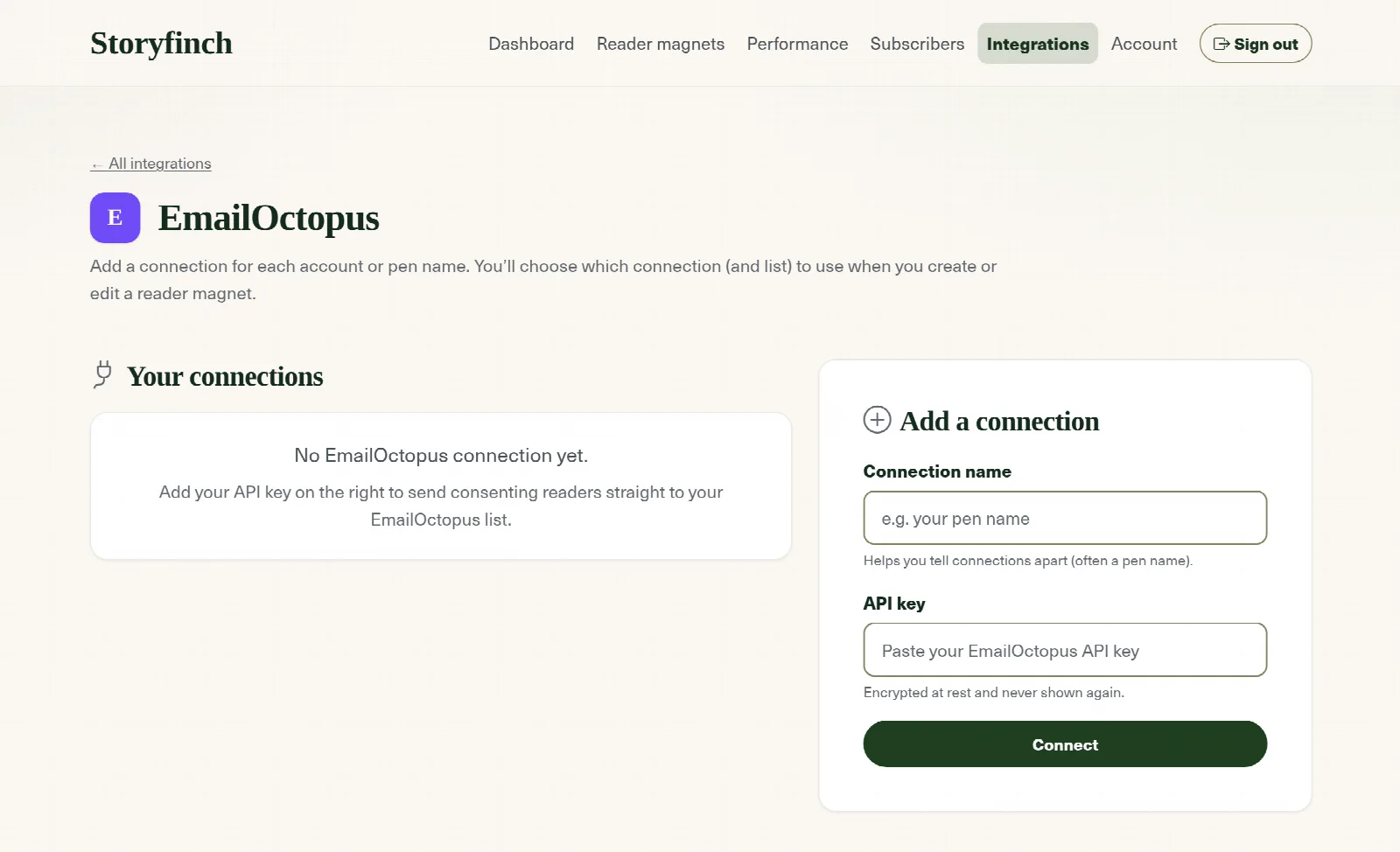 The EmailOctopus connection screen in Storyfinch, with fields for a connection name and an API key, and a Connect button.