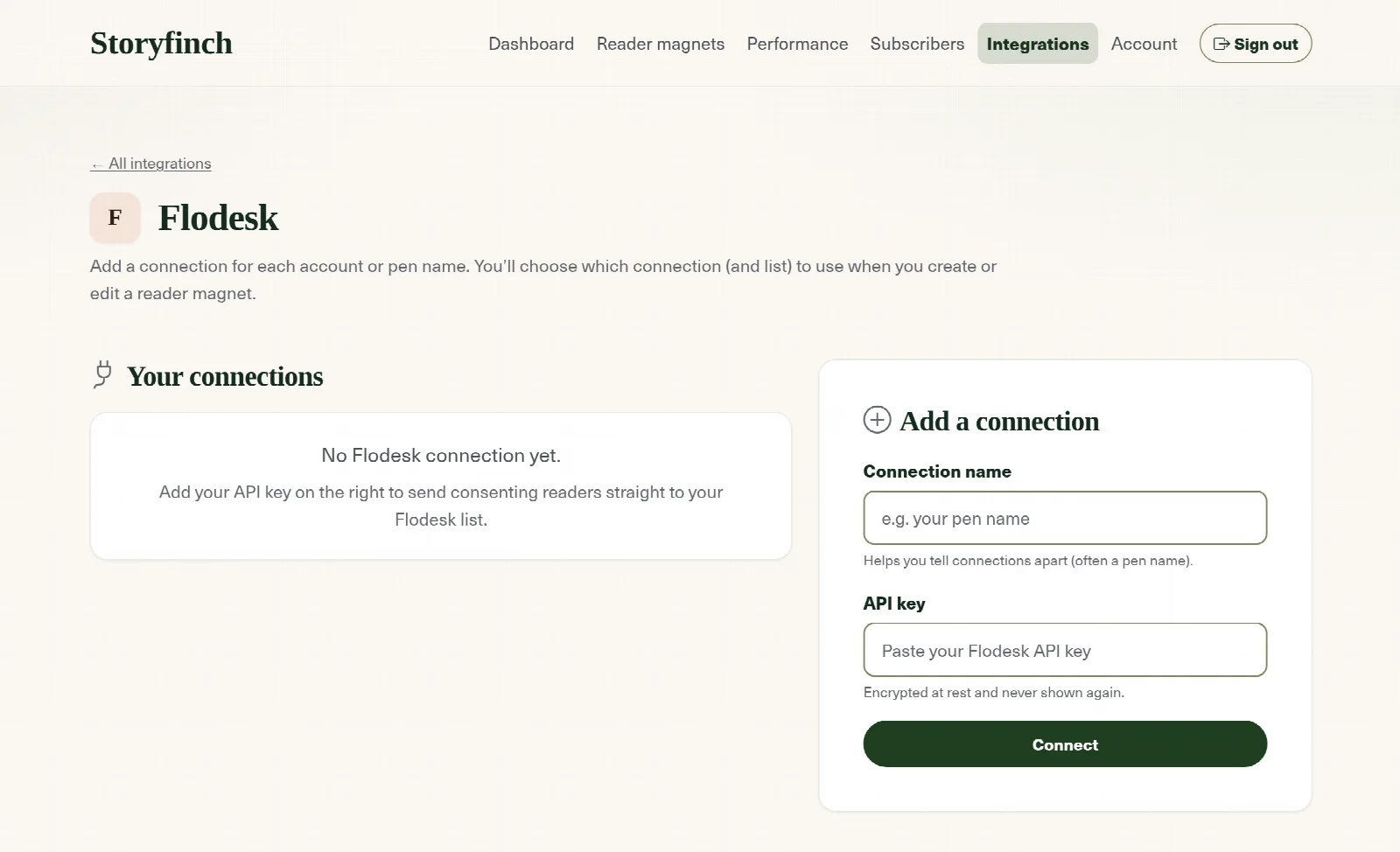 The Flodesk connection screen in Storyfinch, with fields for a connection name and an API key, and a Connect button.