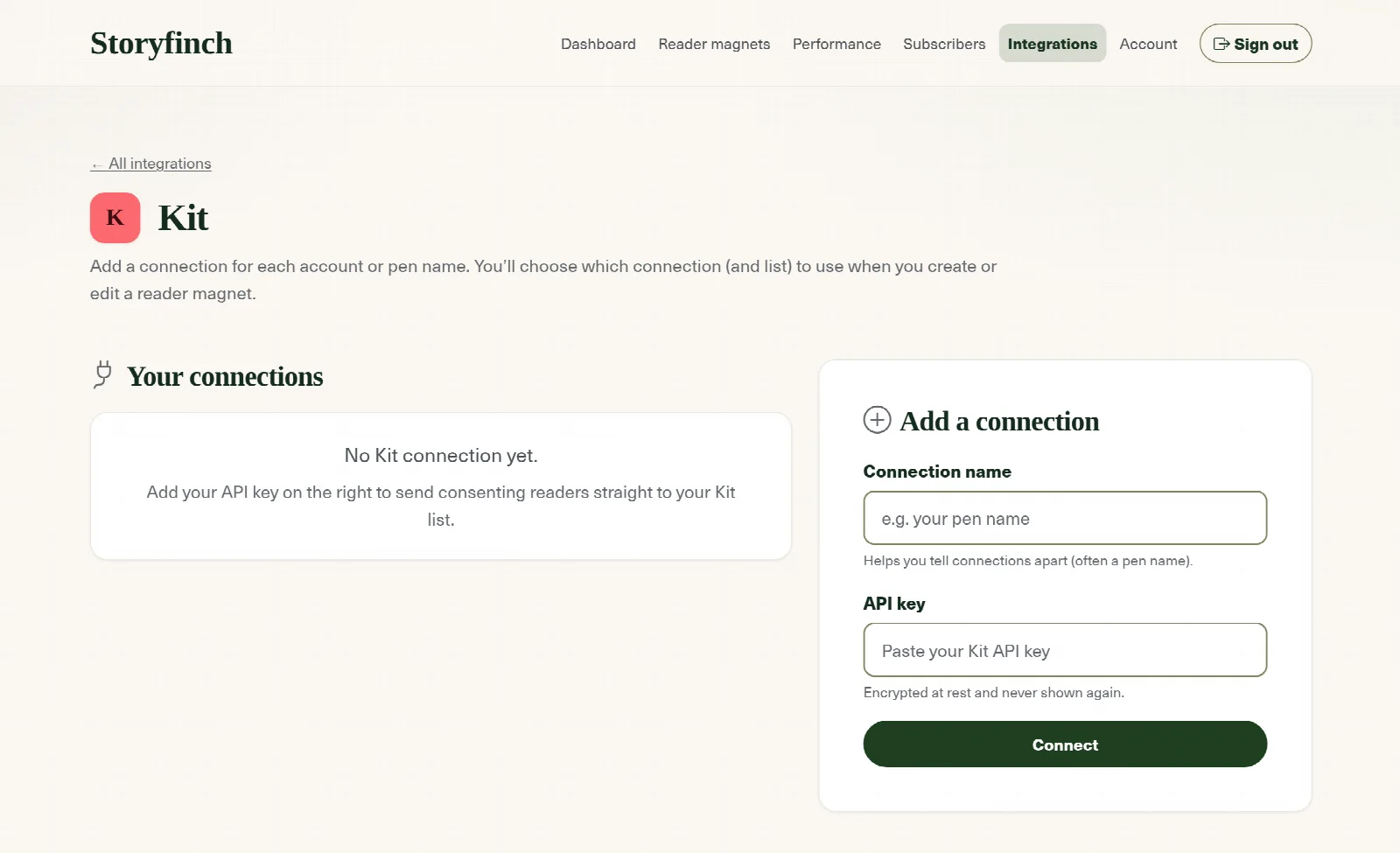 The Kit connection screen in Storyfinch, with fields for a connection name and API key and a Connect button.
