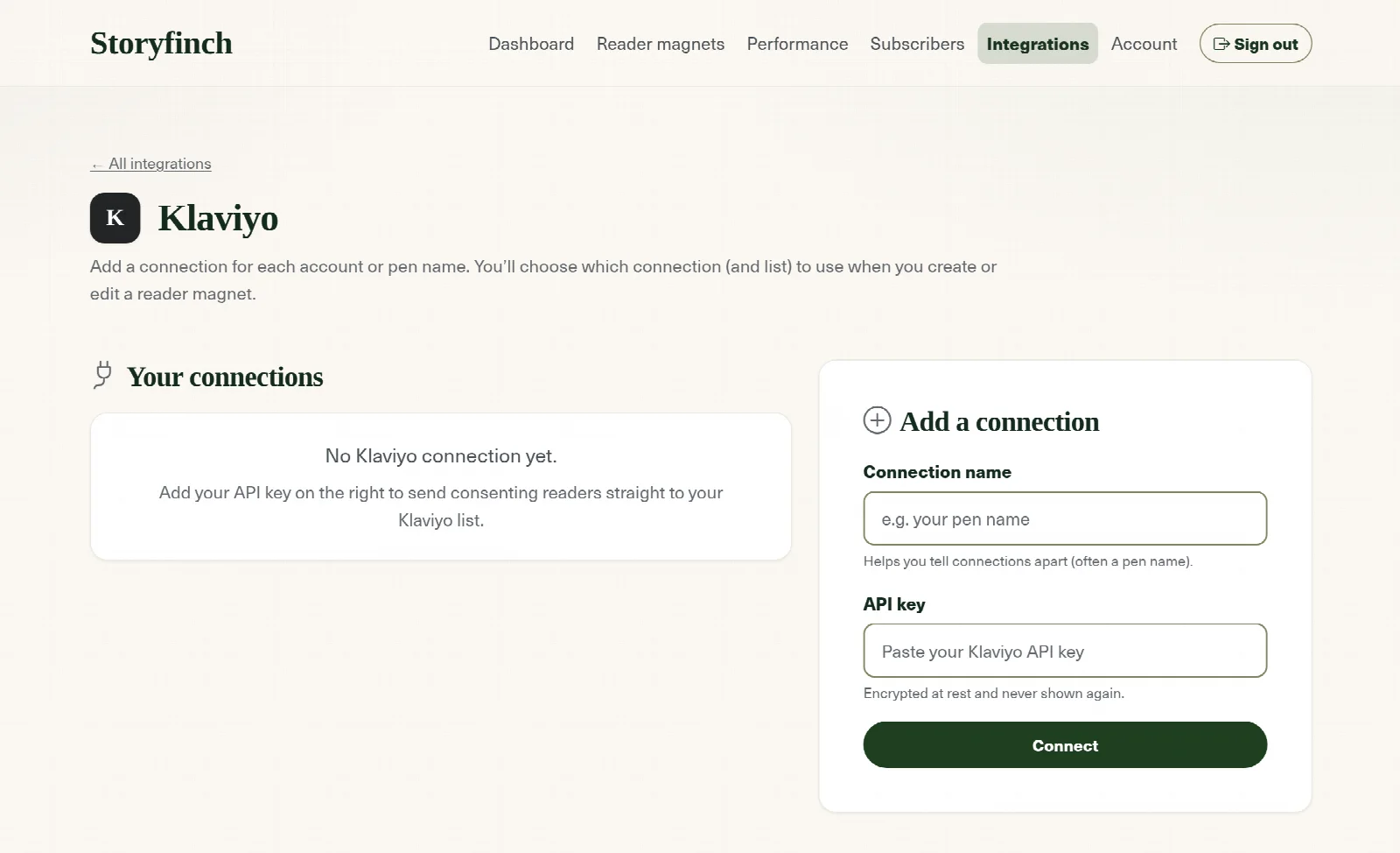 The Klaviyo connection screen in Storyfinch, with fields for a connection name and an API key, and a Connect button.