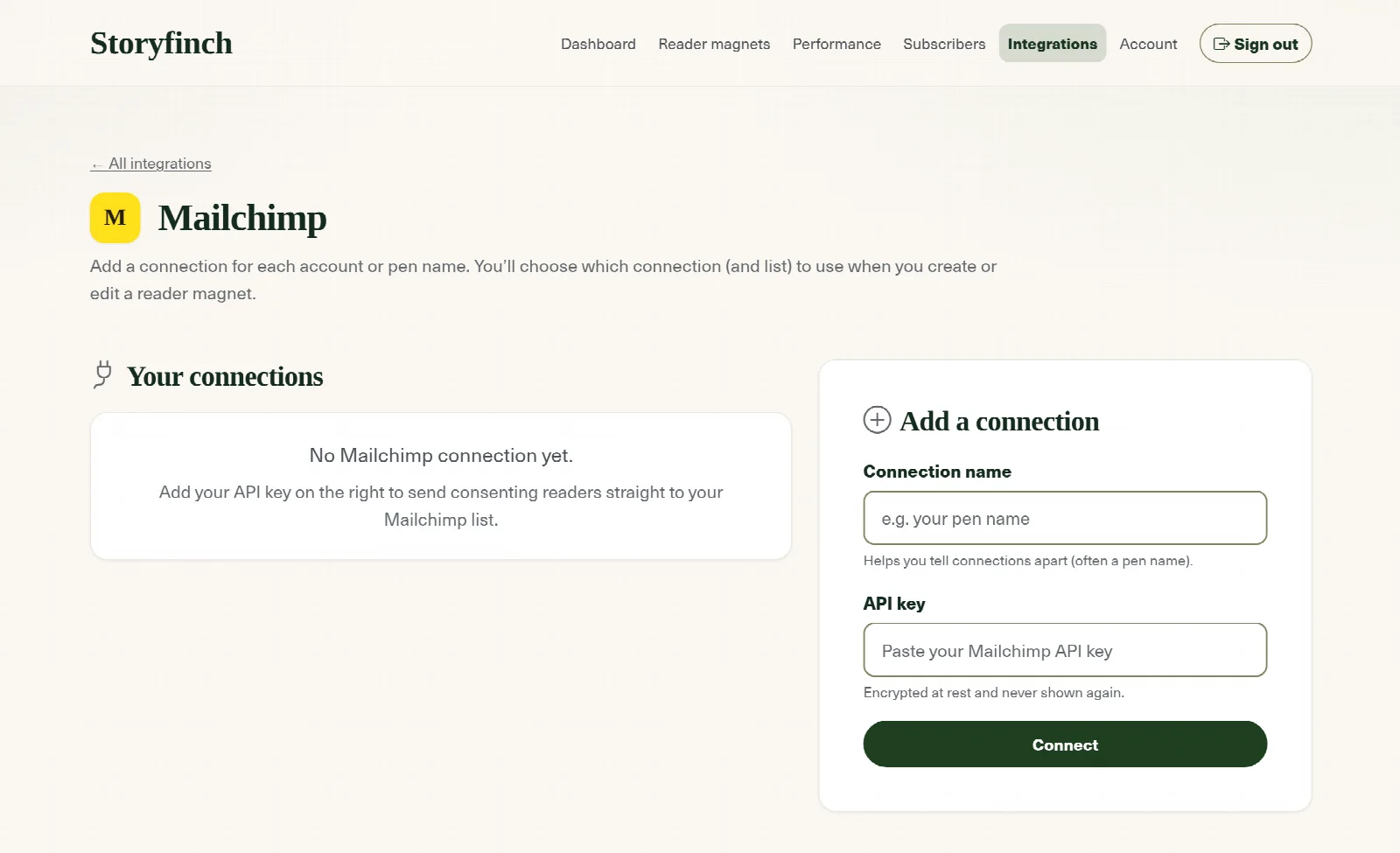 The Mailchimp connection screen in Storyfinch, with fields for a connection name and API key and a Connect button.