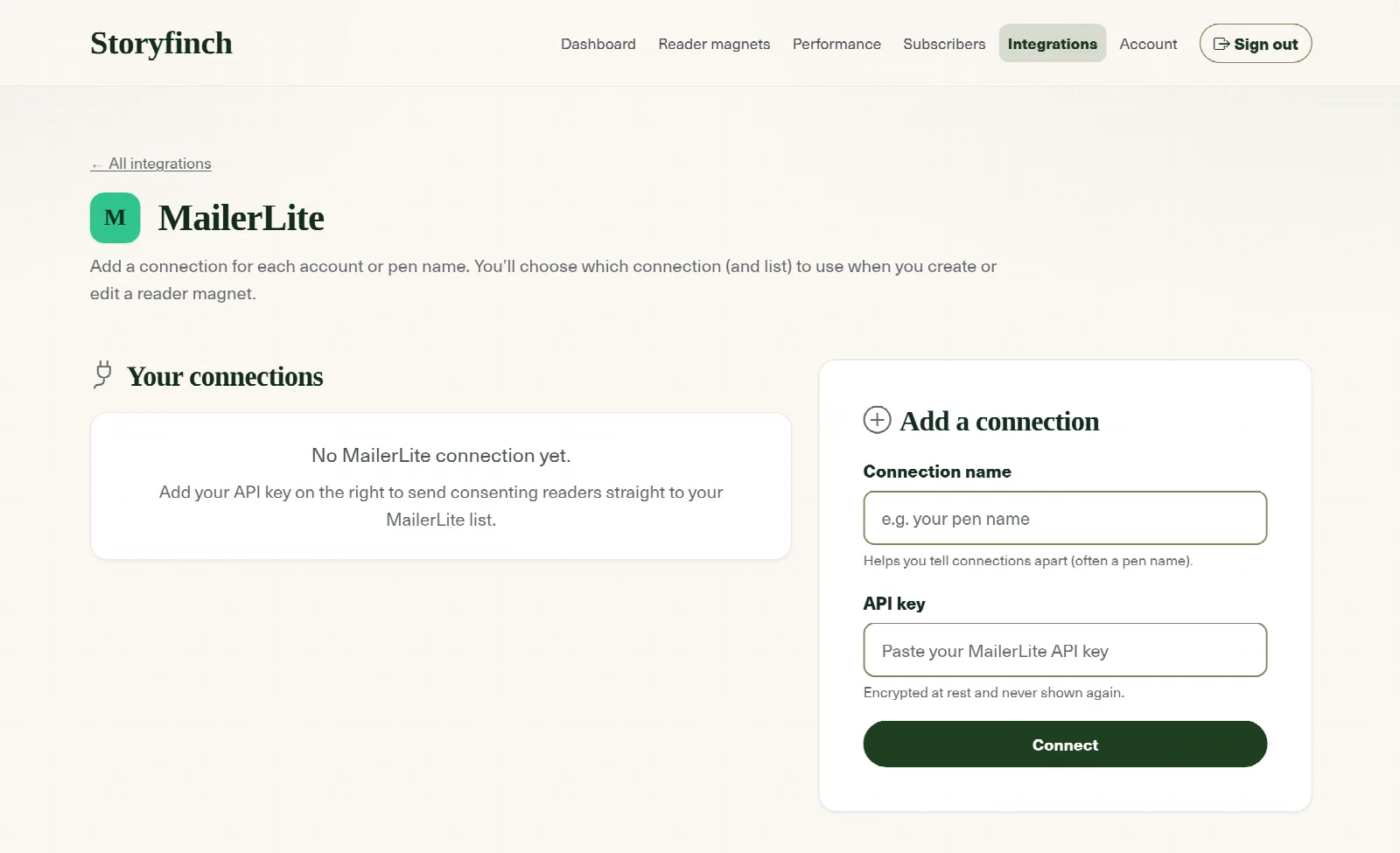 The MailerLite connection screen in Storyfinch, with fields for a connection name and API key and a Connect button.