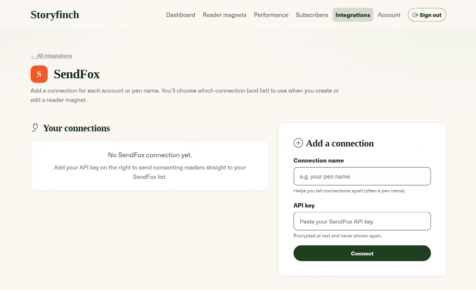 The SendFox connection screen in Storyfinch, with fields for a connection name and an API key, and a Connect button.
