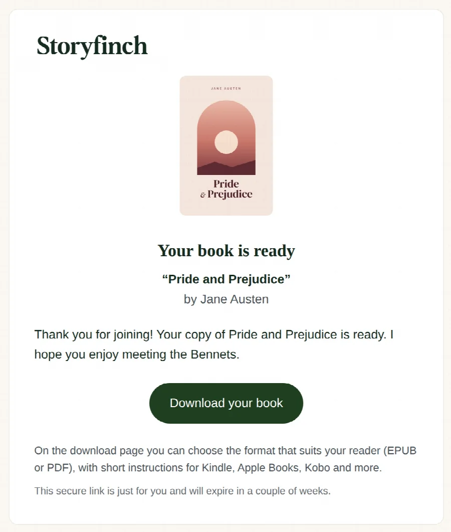 The delivery email: the book cover, “Your book is ready”, a Download your book button, and a note that the private link expires in a couple of weeks.