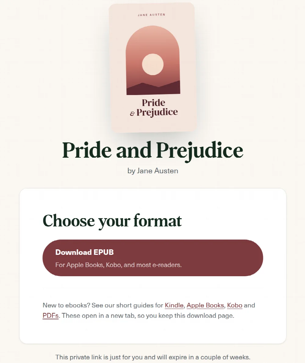 The reader’s download page, headed Choose your format, with a Download EPUB button and links to reading guides for Kindle, Apple Books and Kobo.