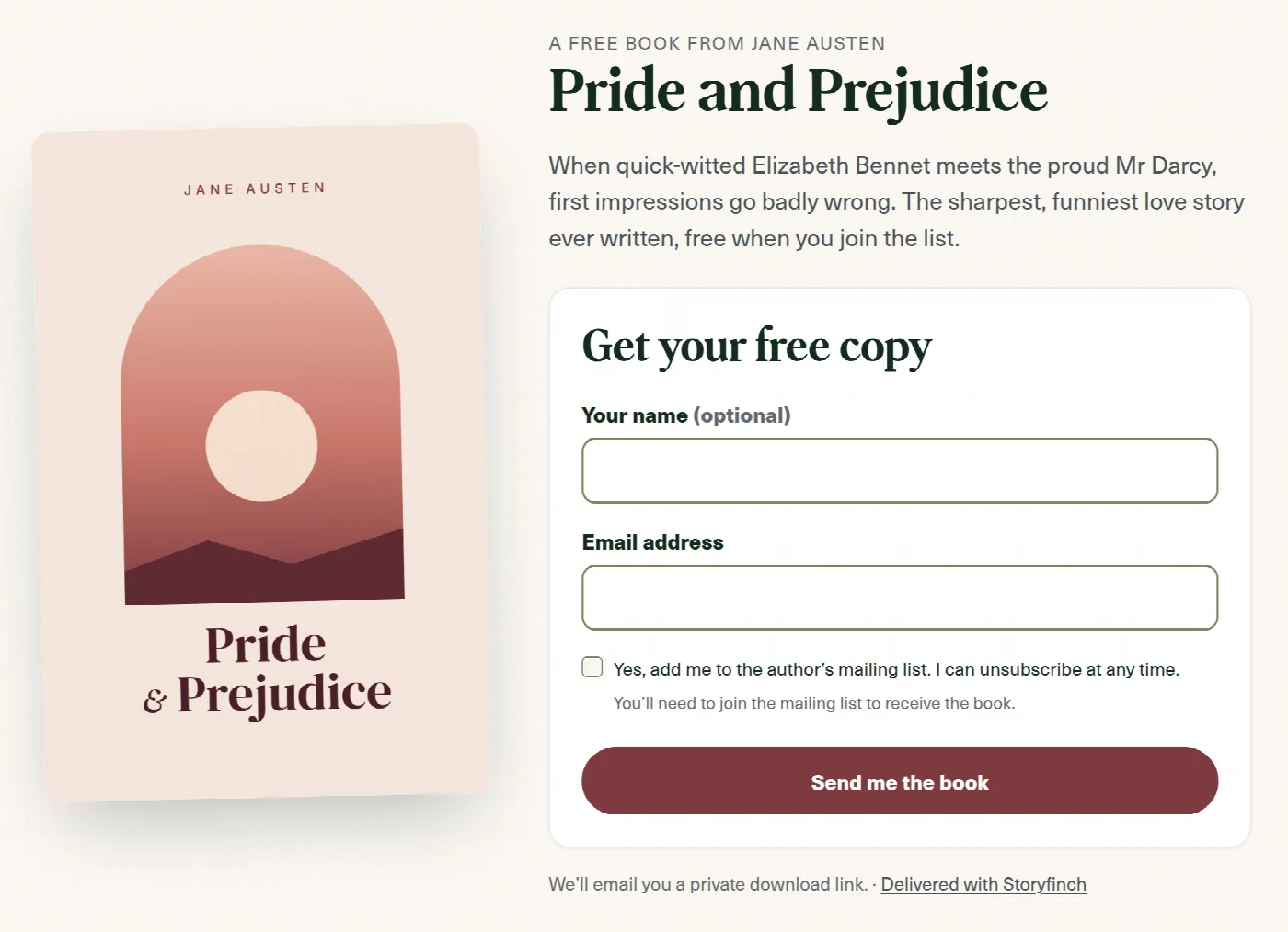 A Storyfinch reader magnet signup page for Pride and Prejudice: the book cover beside a short description and a form asking for a name, an email address and consent to join the author’s mailing list.