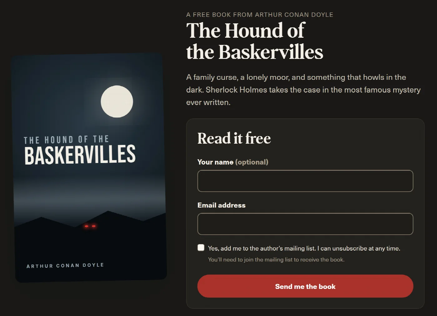 A dark-themed Storyfinch signup page for The Hound of the Baskervilles, with the cover, a short pitch and a signup form.