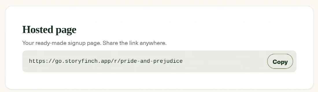 The Hosted page panel in Storyfinch, showing a reader magnet’s signup link with a Copy button.