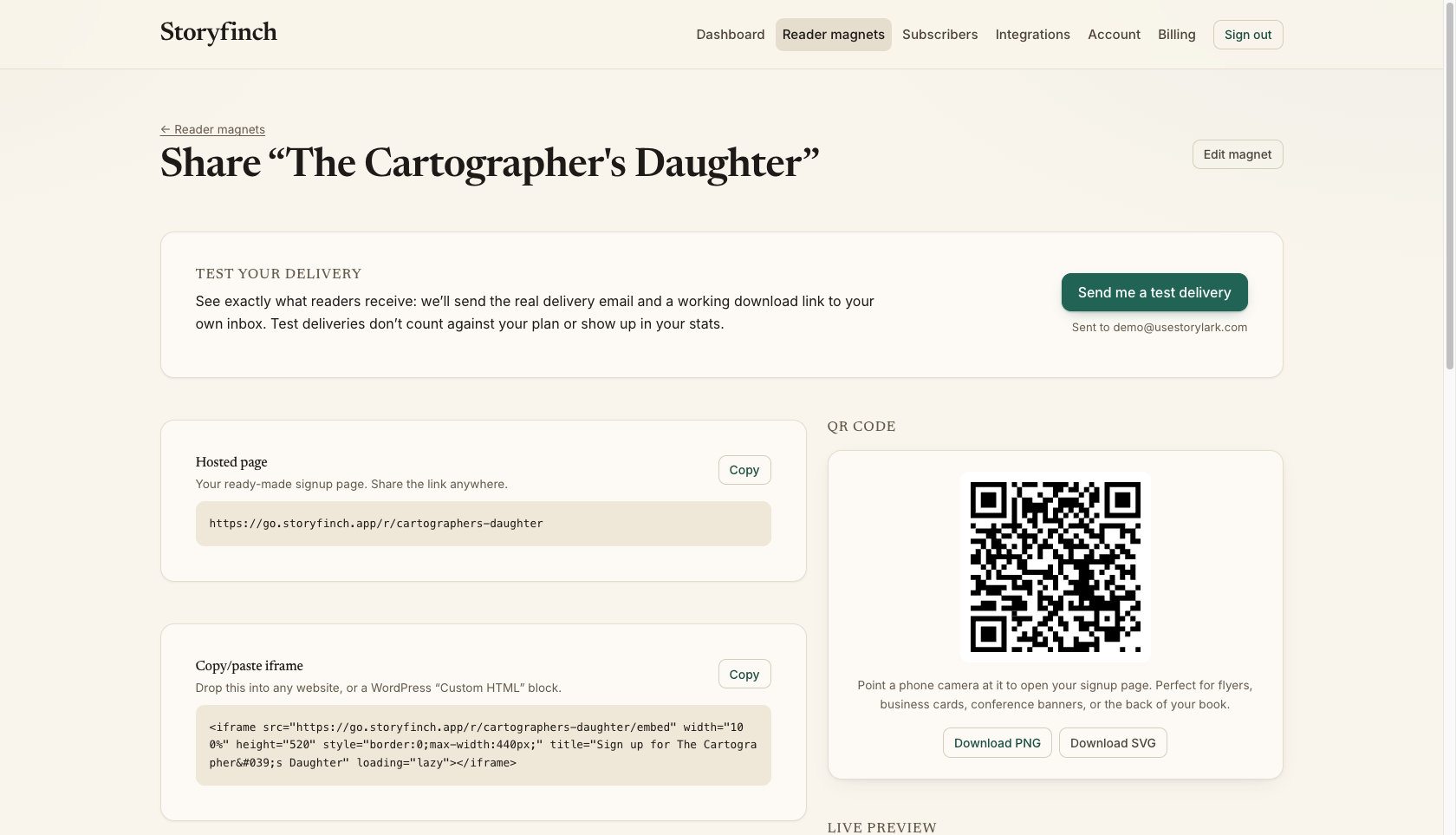 Share by link, embed, or a downloadable QR code