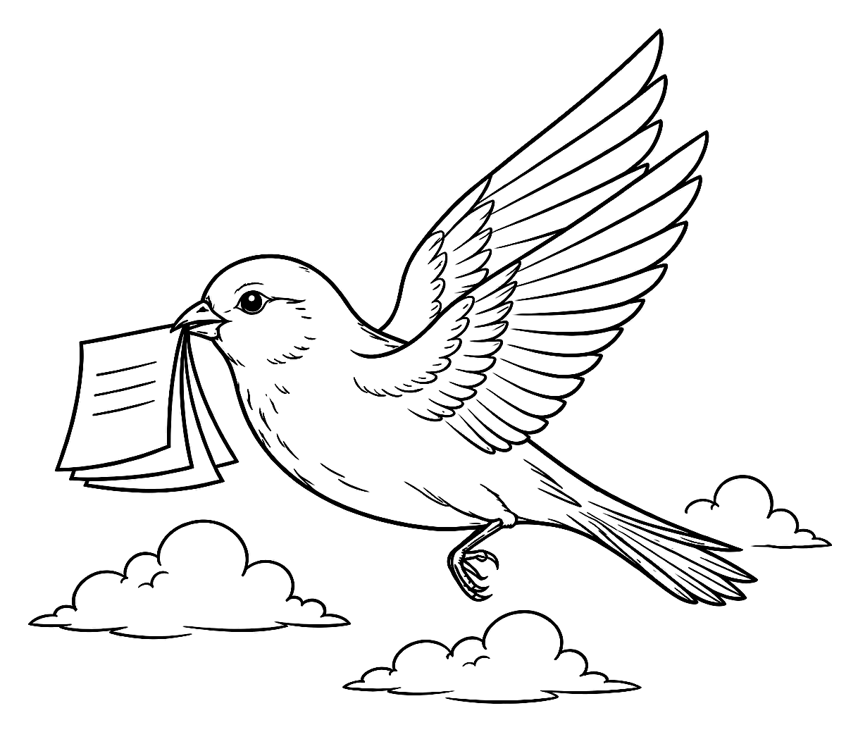 A bird in flight carrying a letter